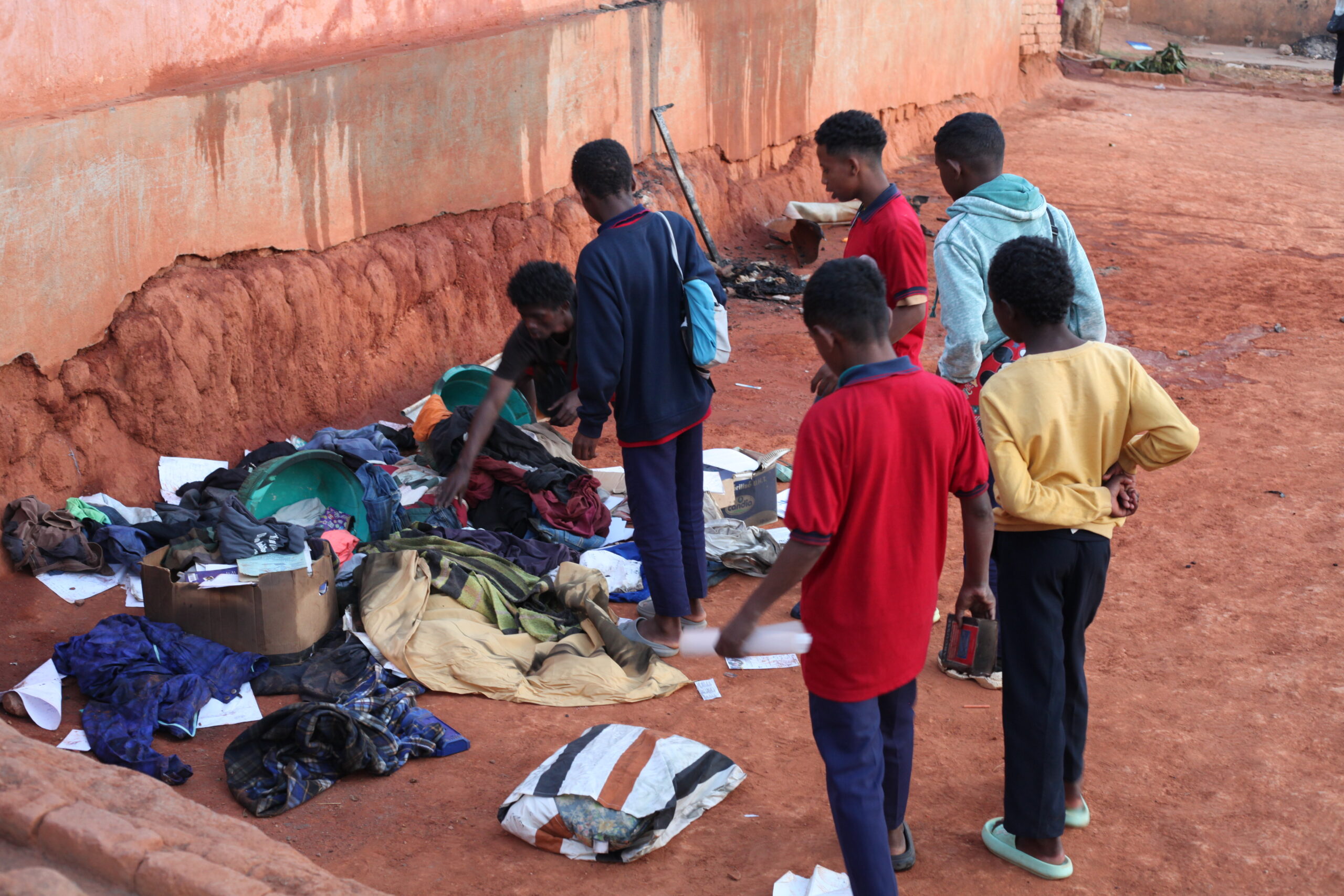 Boys outside AAB after the fire.