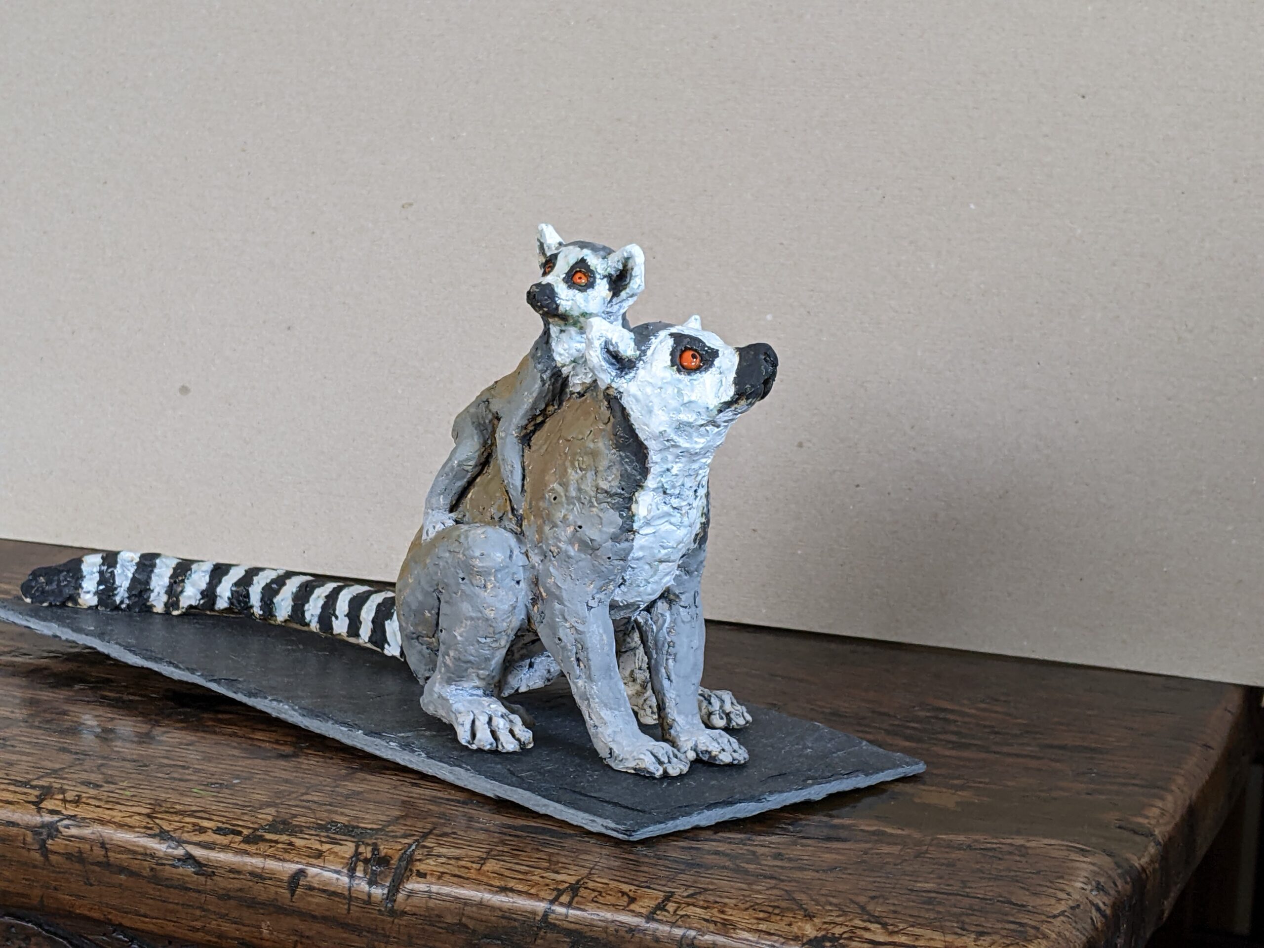 Hand sculpted Lemur and Baby by Hilary Bradt